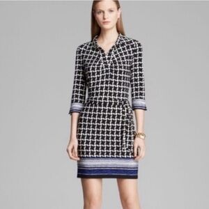 Laundry by Shelli Segal Black Blue & White Geometric Preppy Shirt Dress Size: S